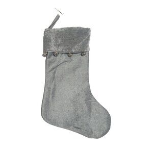 Silver Velvet Christmas Stocking with Jingle Bells Holiday Mantel Décor 17.5'